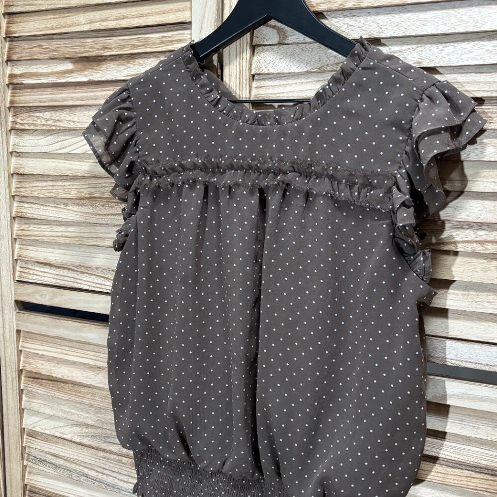 1.STATE Polka Dot Ruffle Smocked Waist Blouse Brown Mock Neck XL